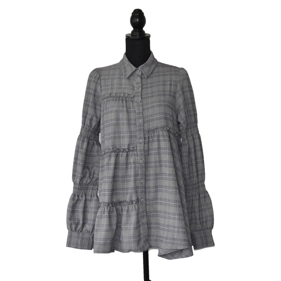 A5 NEW JOUETIE Grey Plaid Ruffle Button Down Shirt Blouse Size M - Picture 1 of 7
